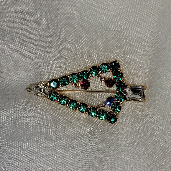 Christmas Tree Holiday Green Red Blue Clear Faux Stones Gold Tone Brooch Pin - Picture 4 of 16